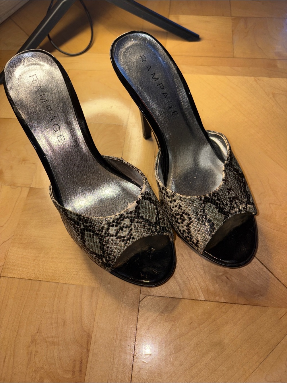 Rampage Snake-Print Open-Toe Heels in Black and Gray